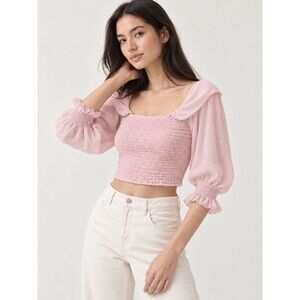 Pink Smocked Crop Top S Chiffon Puff Sleeve Fairycore Coquette Y2K Romantic Top
